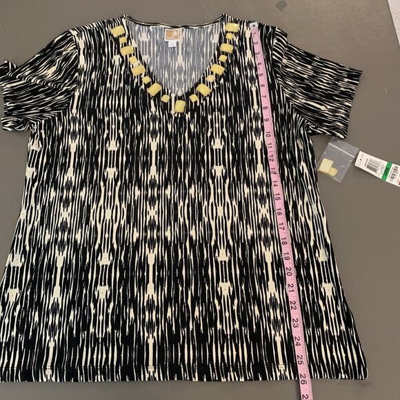 JM Collecion Womens L Short Sleeve Blouse NEW Top Beaded Slinky Tribal Spring - Picture 11 of 14